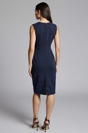 Navy Sheath Ruched Midi Work Dress